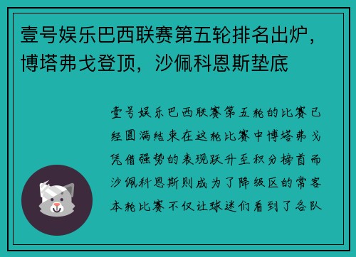 壹号娱乐巴西联赛第五轮排名出炉，博塔弗戈登顶，沙佩科恩斯垫底