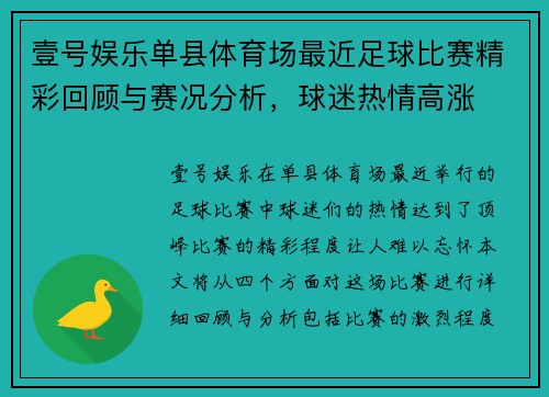 壹号娱乐单县体育场最近足球比赛精彩回顾与赛况分析，球迷热情高涨