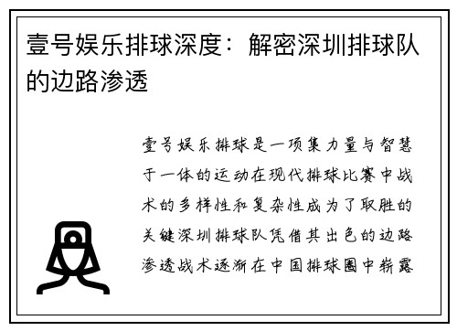 壹号娱乐排球深度：解密深圳排球队的边路渗透