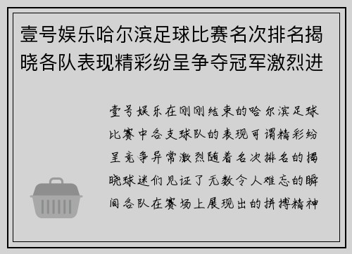 壹号娱乐哈尔滨足球比赛名次排名揭晓各队表现精彩纷呈争夺冠军激烈进行